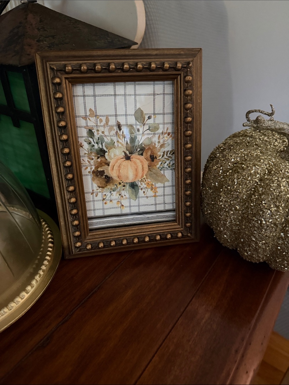 Autumn Pumpkin Floral Framed Art - Beige and Gold 7.5 x 5.75 in